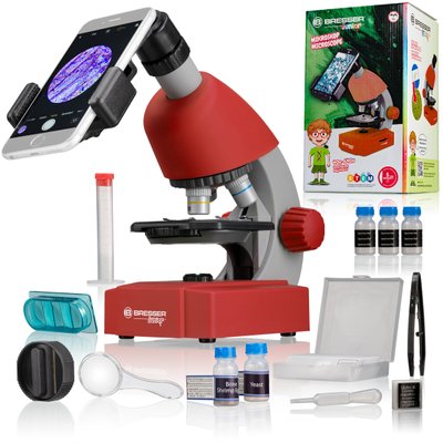 Мікроскоп Bresser Junior 40x-640x Red з набором для дослідів та адаптером для смартфона ціна